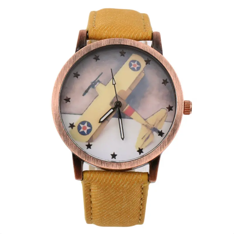 Aircraft Pattern Denim Fabric Band Round Dial Quartz Wrist Watches 2