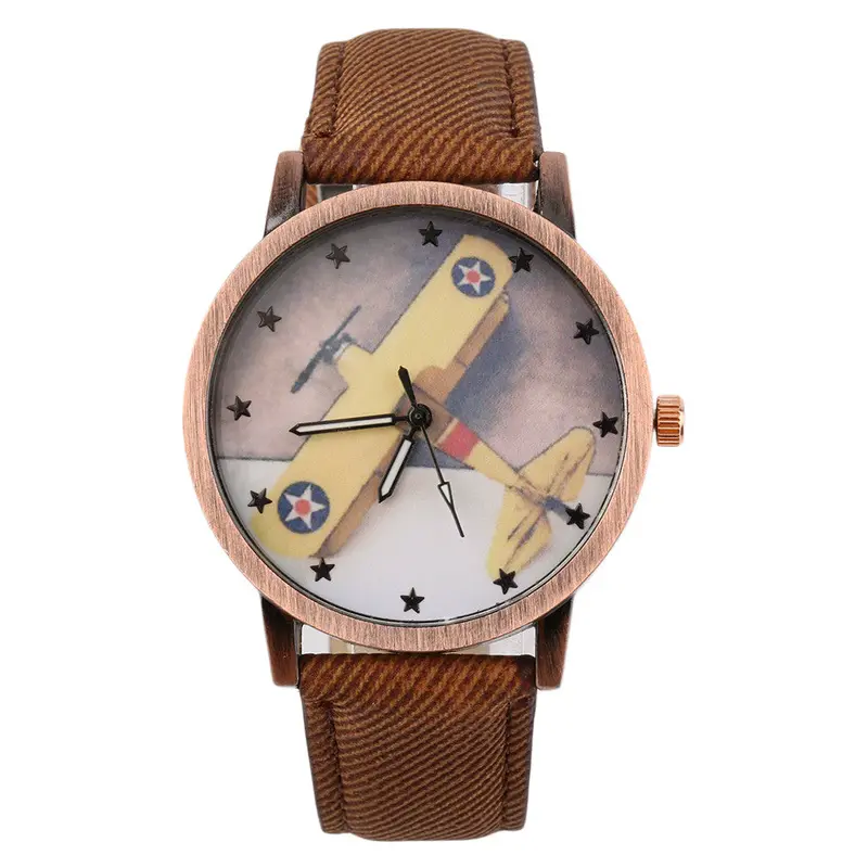 Aircraft Pattern Denim Fabric Band Round Dial Quartz Wrist Watches 3