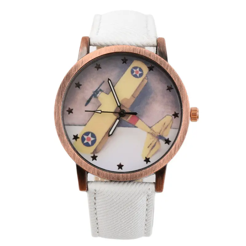 Aircraft Pattern Denim Fabric Band Round Dial Quartz Wrist Watches 4