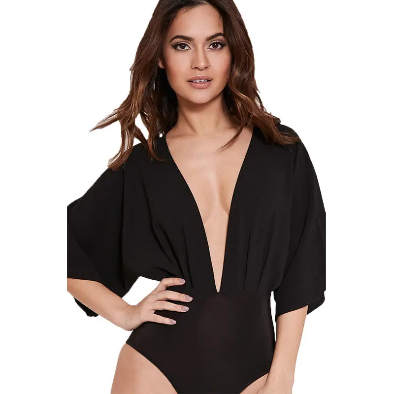 All-Matched Bodysuit Top Sexy Deep V Bodysuit Women Chiffon Patchwork Batwing Sleeve Body Top Short Rompers 5