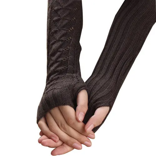 Amazig Long Mitten Gloves Women Knitted Arm Fingerless Gloves Solid Color Funs29 3