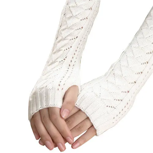 Amazig Long Mitten Gloves Women Knitted Arm Fingerless Gloves Solid Color Funs29 5