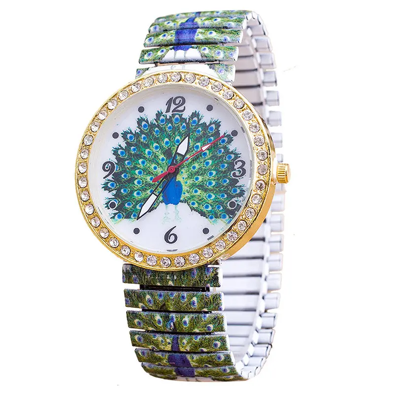 Amazing Women Watch Leather Analog Quartz Wristwatch Ladies Elasticity Peacock Shrink Bracelet Clock Relogio 1