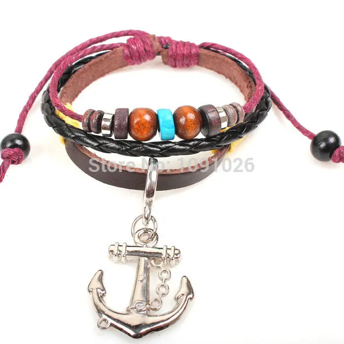 Anchor Bracelets Women Girls Personalized Wooden Bead Wrist Bracelet Jewelry Leather Handmade 1
