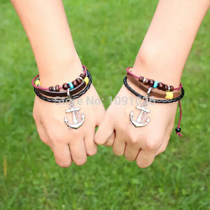 Anchor Bracelets Women Girls Personalized Wooden Bead Wrist Bracelet Jewelry Leather Handmade 2