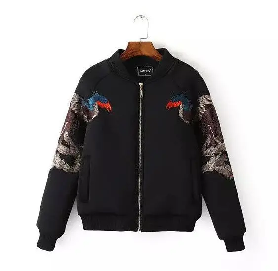 Animal Phoenix Embroidery Jacket Punk Stand Collar Long Sleeve Short Pilots Bomber Jacket Loose Coat Outerwear Tops Black S M L 1