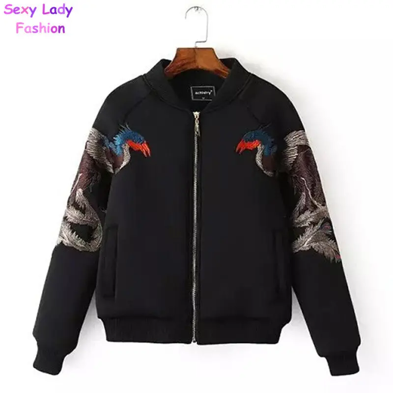 Animal Phoenix Embroidery Jacket Punk Stand Collar Long Sleeve Short Pilots Bomber Jacket Loose Coat Outerwear Tops Black S M L 2