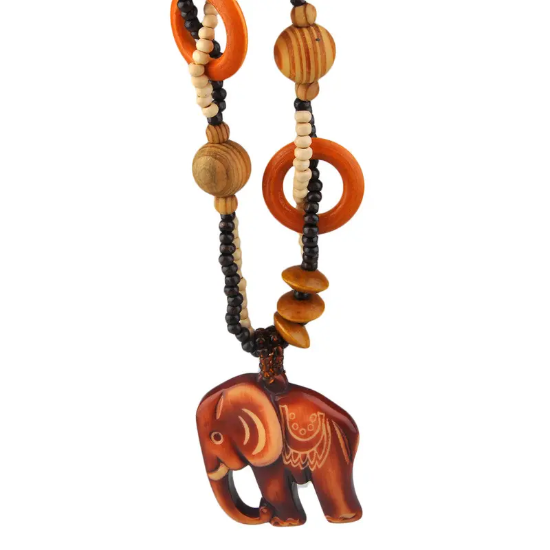 Animals Elephant Pendant Necklace Uniqueboho Ethnic Style Long Hand Made Diy Bead Wood-Like Resin 1