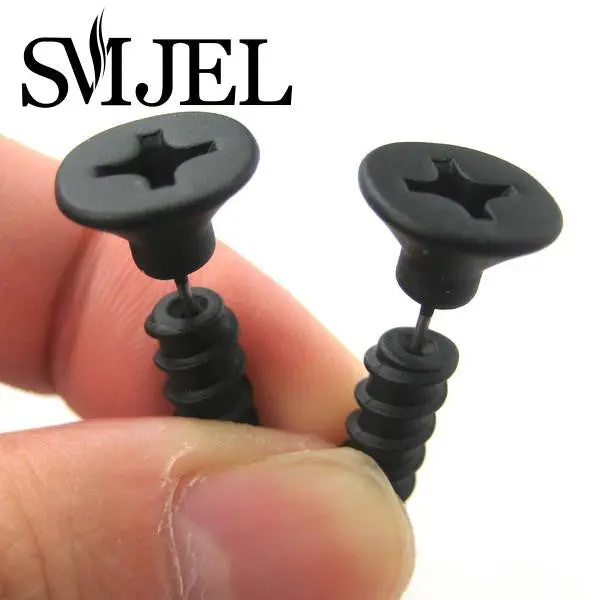 Anitique Silver Bronze And Black Simple Fake Gauge Screw Faux Plug Stud Earrings S98 1