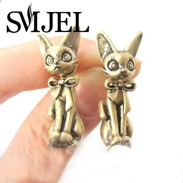 Antique Bronze And Silver 3D Kitty Cat Two Part Front And Back Animal Earrings S083 1