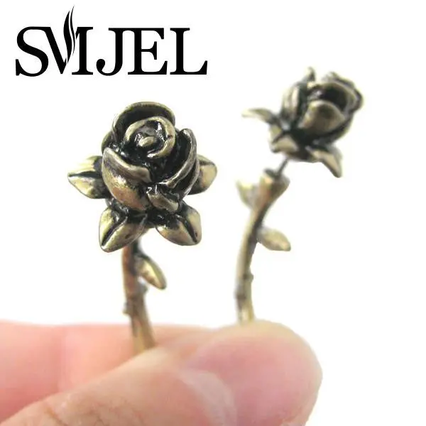 Antique Silver And Bronze Fake Gauge Earrings Detailed Rose Floral Flower Plug Earrings S89 1