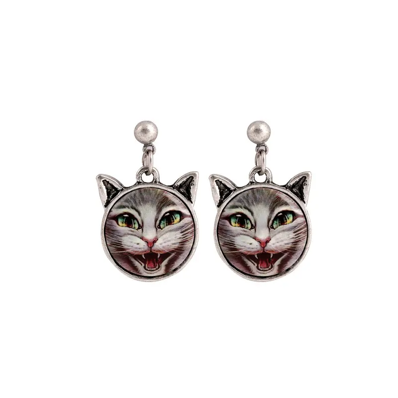 Antique Silver Jewelry Vintage Animal Cat Head Earrings Grils's Gift 2