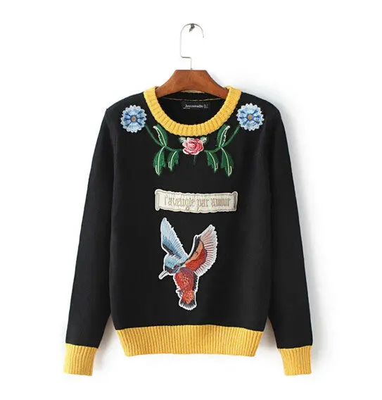 Appliques Bird Flower Embroidery Sweater Women O Neck Contrast Color Knitwear Jumper Pullovers Kleding Jerseis Femme 1