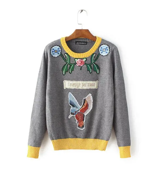 Appliques Bird Flower Embroidery Sweater Women O Neck Contrast Color Knitwear Jumper Pullovers Kleding Jerseis Femme 2