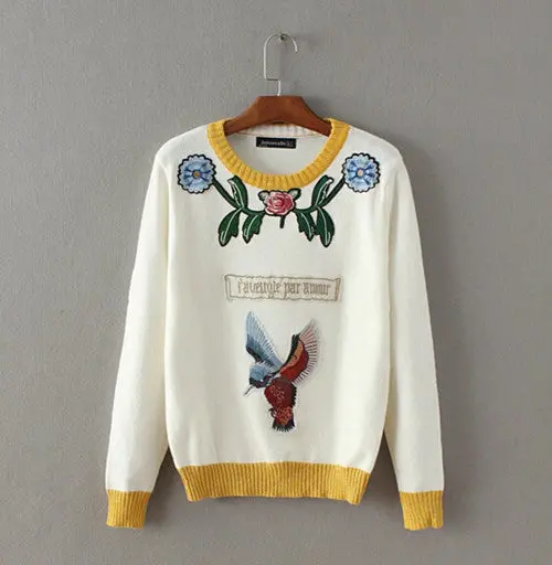 Appliques Bird Flower Embroidery Sweater Women O Neck Contrast Color Knitwear Jumper Pullovers Kleding Jerseis Femme 3