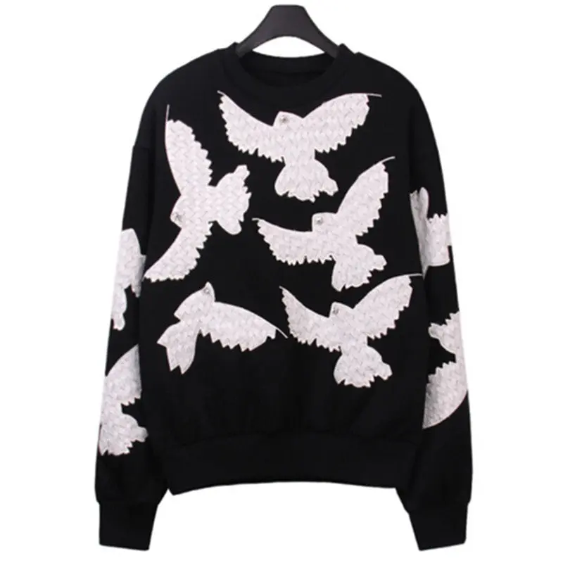 Appliques Embroidery Lace Pigeon Pullovers Sweatshirt Women Diamond Bird Eye Long Sleeve O Neck Hoodies Sweats Jumpers Femme 1