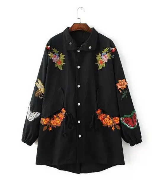 Appliques Flower Bird Embroidery Trench Women Lapel Loose Drawstring Waist Coat Casual Outerwear Black Army Green 1