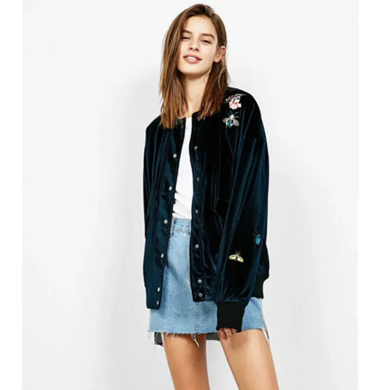 Appliques Flower Butterfly Embroidery Velvet Thin Padad Pilots Jacket Woman Velour Loose Bomber Jacket Coat Outerwear 2