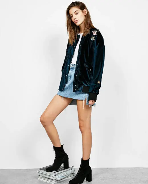 Appliques Flower Butterfly Embroidery Velvet Thin Padad Pilots Jacket Woman Velour Loose Bomber Jacket Coat Outerwear 3