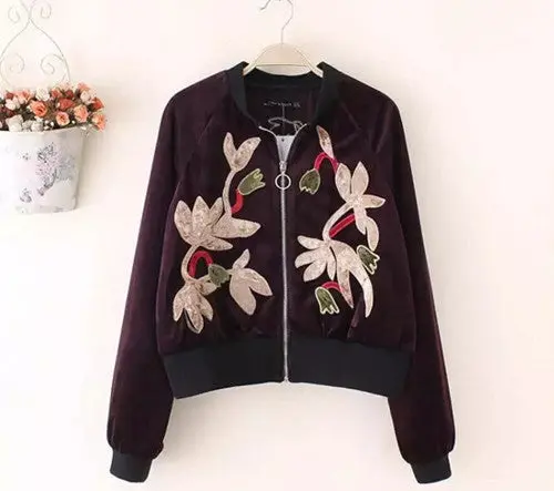 Appliques Flower Embroidery Velvet Jacket Woman Stand Collar Velour Loose Bomber Jacket Coat Pilots Outerwear Dark Purple 1