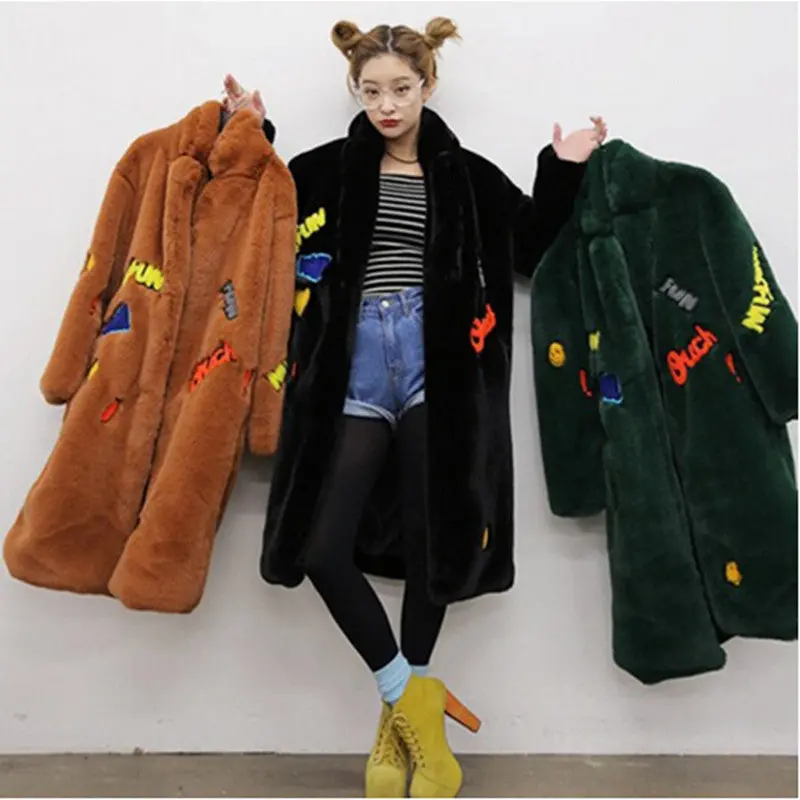 Appliques Letter Embroidery Hairy Shaggy Long Faux Fur Coat Women Lapel Faux Fur Long Coats Warm Outerwear 4