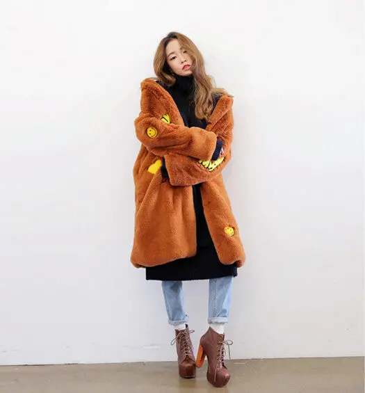 Appliques Letter Embroidery Hairy Shaggy Long Faux Fur Coat Women Lapel Faux Fur Long Coats Warm Outerwear 5