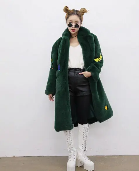 Appliques Letter Embroidery Hairy Shaggy Long Faux Fur Coat Women Lapel Faux Fur Long Coats Warm Outerwear 6