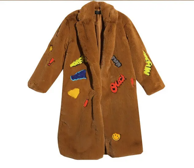 Appliques Letter Embroidery Hairy Shaggy Long Faux Fur Coat Women Lapel Faux Fur Long Coats Warm Outerwear 7