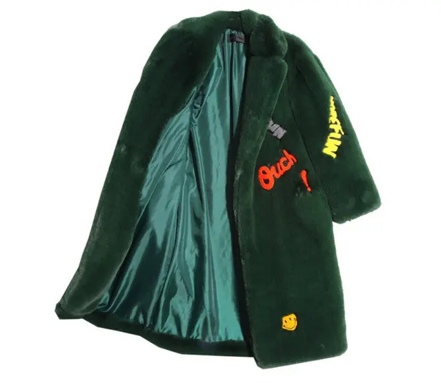 Appliques Letter Embroidery Hairy Shaggy Long Faux Fur Coat Women Lapel Faux Fur Long Coats Warm Outerwear 8