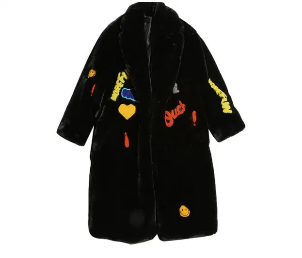 Appliques Letter Embroidery Hairy Shaggy Long Faux Fur Coat Women Lapel Faux Fur Long Coats Warm Outerwear 9