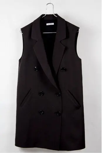 Appliques Letter On Back Midi Long Vest Women Boyfriend Double Breasted Buttons Waistcoat Coat Black White S M L 1