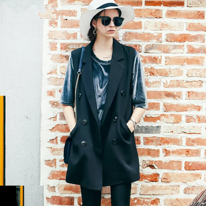 Appliques Letter On Back Midi Long Vest Women Boyfriend Double Breasted Buttons Waistcoat Coat Black White S M L 3