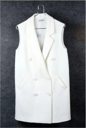 Appliques Letter On Back Midi Long Vest Women Boyfriend Double Breasted Buttons Waistcoat Coat Black White S M L 4