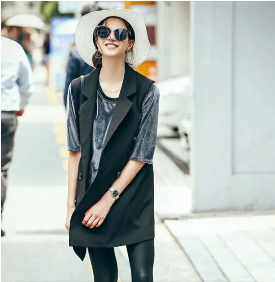 Appliques Letter On Back Midi Long Vest Women Boyfriend Double Breasted Buttons Waistcoat Coat Black White S M L 5