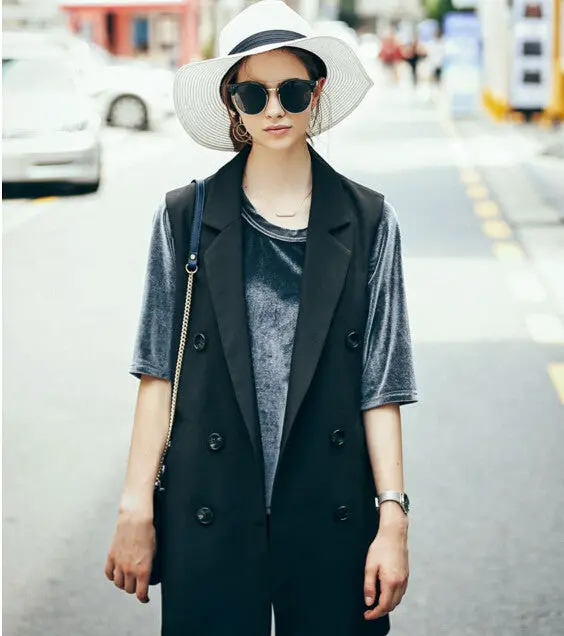 Appliques Letter On Back Midi Long Vest Women Boyfriend Double Breasted Buttons Waistcoat Coat Black White S M L 6