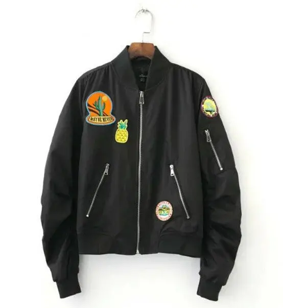 Appliques Zipper Pocket Elastic Sleeve Pilots Jacket Harajuku Women Contrast Color Pilots Bomber Coat Outerwear 3 Colors 1