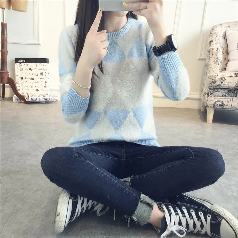 Argyle Knitted Women Sweaters And Pullovers Casual O Neck Pull Femme Hairy Knit Jumper Sweater Women 1