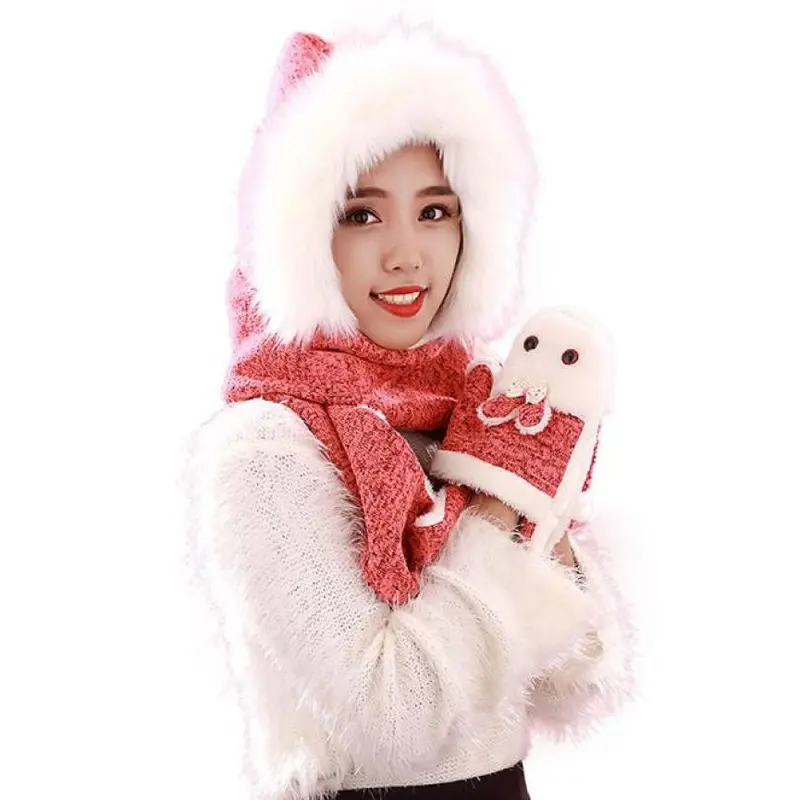 Arival Warm And Adult Rabbit Hat Scarf Gloves Three-Piece Femme Warm 4