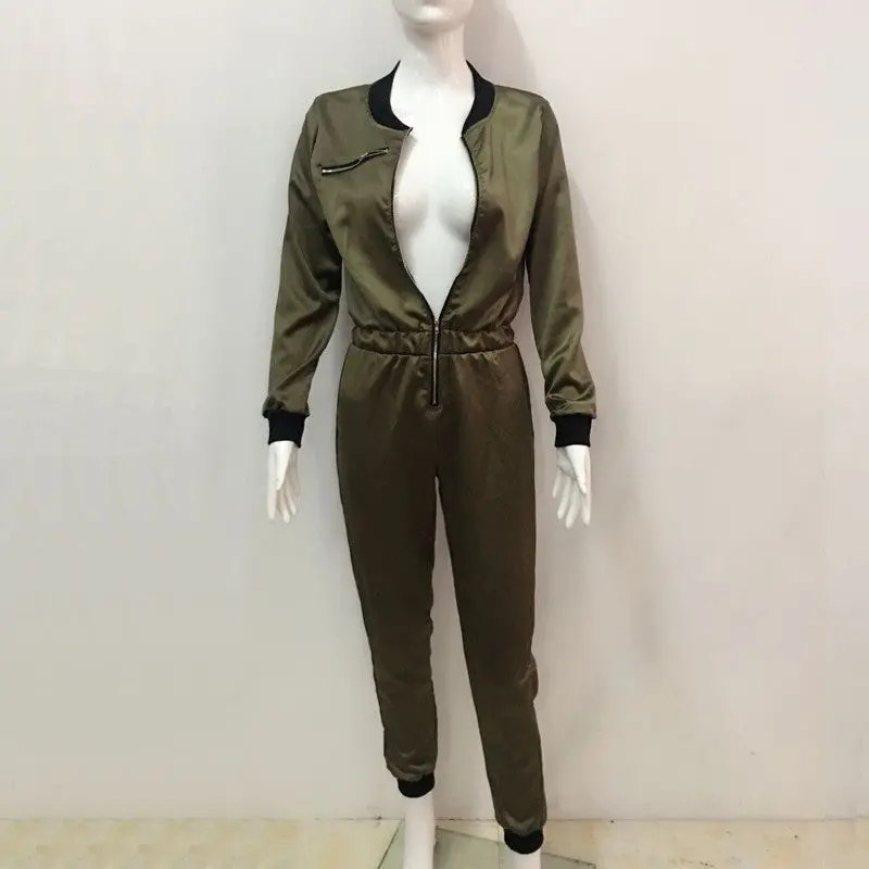 Army Green Rompers Womens Jumpsuit Sexy Zipper Up Bodycon Jumpsuit Combinaison Femme Slim Long Sleeve Overalls 1