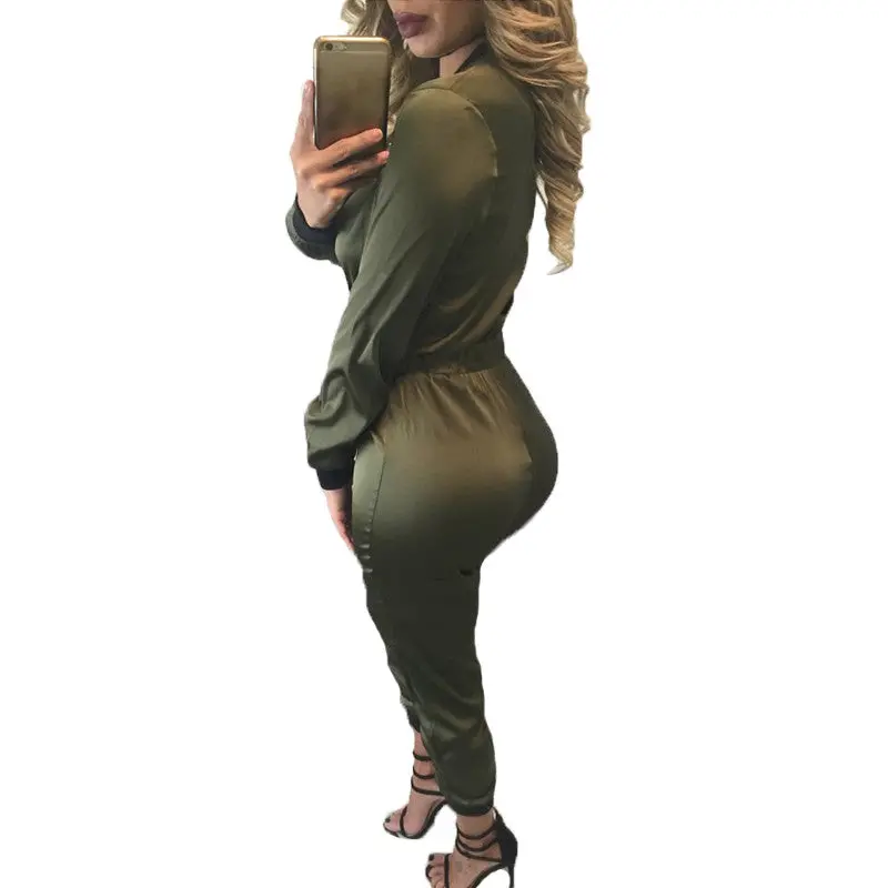 Army Green Rompers Womens Jumpsuit Sexy Zipper Up Bodycon Jumpsuit Combinaison Femme Slim Long Sleeve Overalls 4