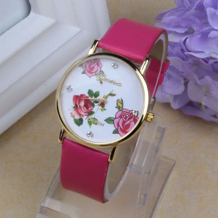 Arrival 5 Color Women Dress Watch Leather Rhinestone Flower Print Wristwatch Quartz Watches Mujer 1