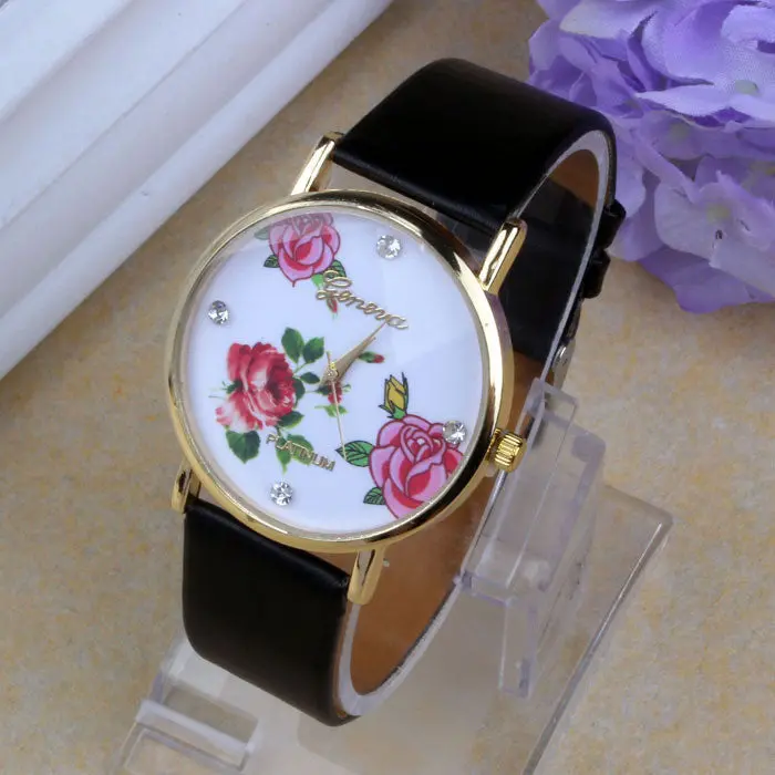 Arrival 5 Color Women Dress Watch Leather Rhinestone Flower Print Wristwatch Quartz Watches Mujer 2