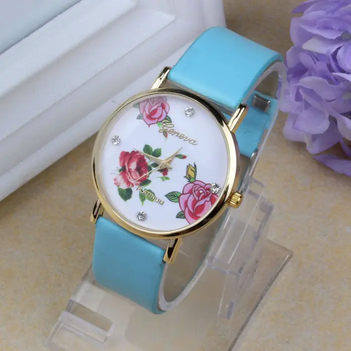 Arrival 5 Color Women Dress Watch Leather Rhinestone Flower Print Wristwatch Quartz Watches Mujer 3