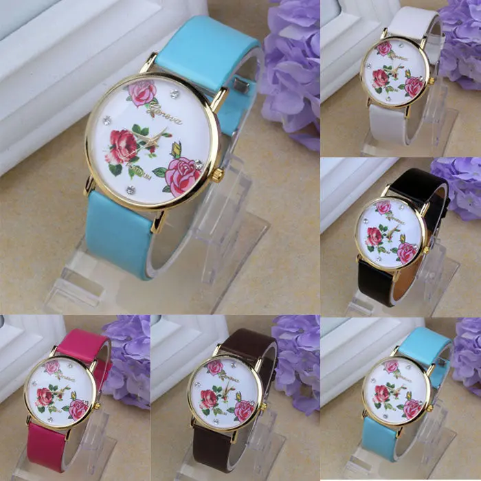 Arrival 5 Color Women Dress Watch Leather Rhinestone Flower Print Wristwatch Quartz Watches Mujer 4