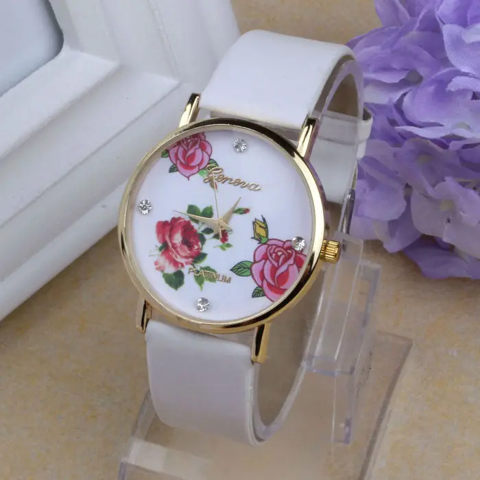 Arrival 5 Color Women Dress Watch Leather Rhinestone Flower Print Wristwatch Quartz Watches Mujer 5