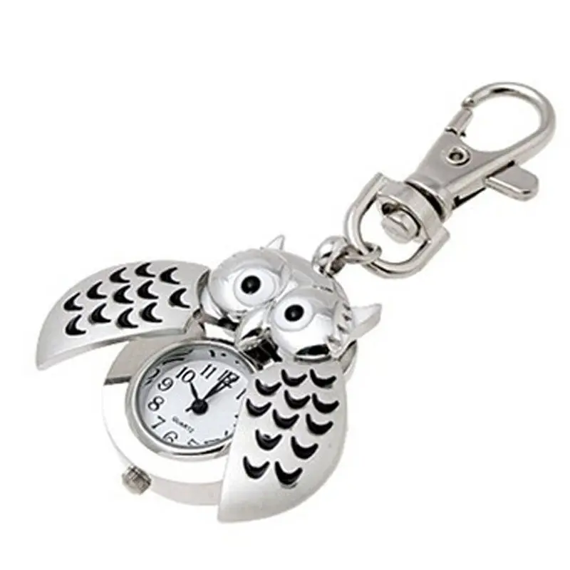 Arrival Metal Key Ring Owl Dresign Double Open Quartz Watch Pocket Clock Silver Vintage Retro Women Hour 1