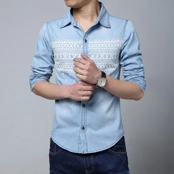 Arrivingshirts Hitz Casual Denim Long-Sleeved Shirt Printing Large Size For 1