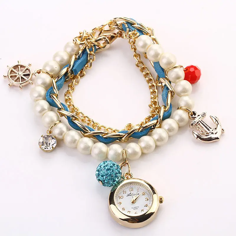 Artificial Pearl Anchor Rudder Bracelet Women Watches Wrist Relojes Mujer Dress Relogio Feminino Hour Quartz Clock 1