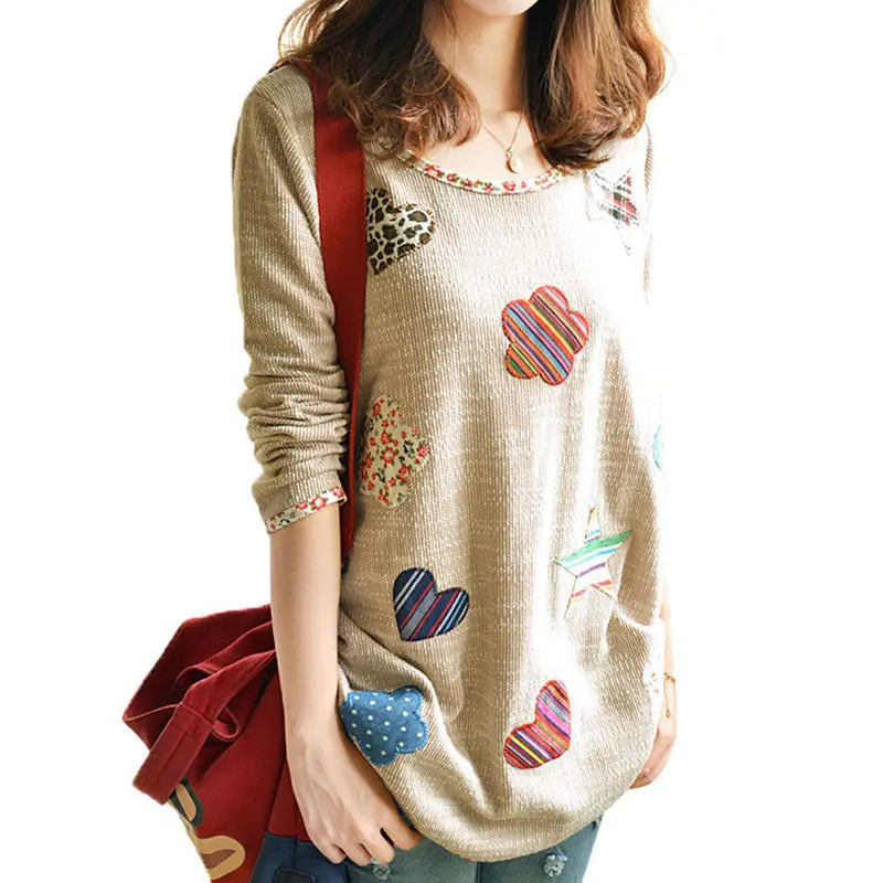 Artistic Style Knitted Women Blouses Fresh Hearts Flowers Appliques Shirts Women Blusas Femininas Women Tops 1