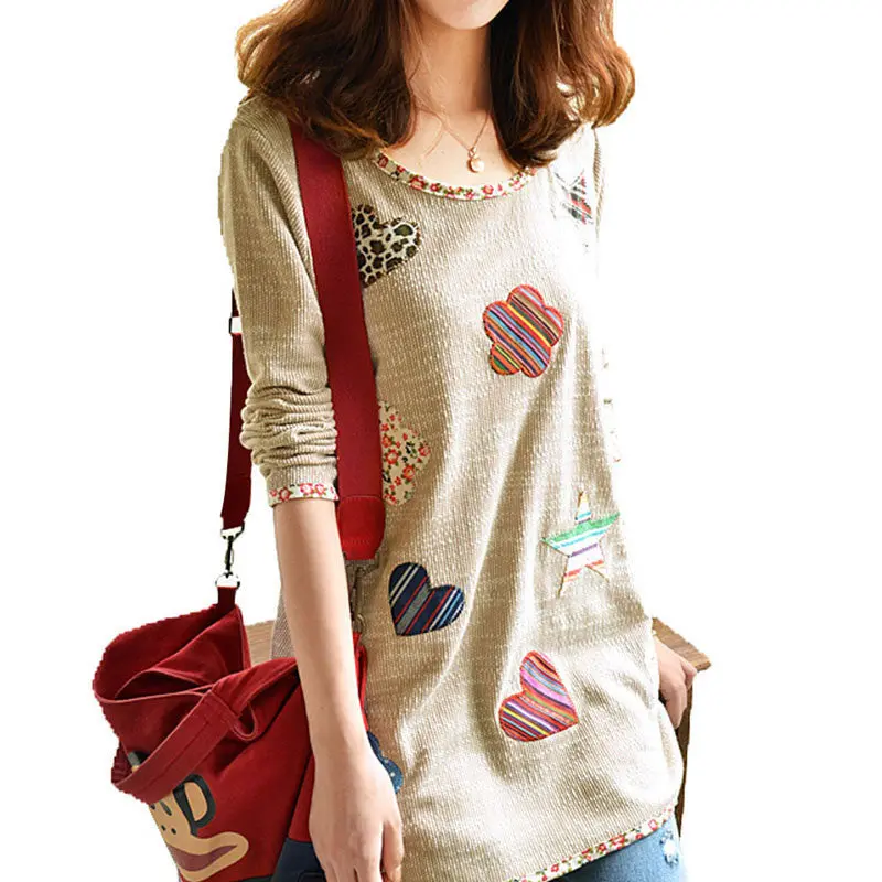 Artistic Style Knitted Women Blouses Fresh Hearts Flowers Appliques Shirts Women Blusas Femininas Women Tops 3